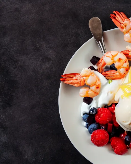 Image similar to dslr food photograph of an ice cream sundae with shrimps on. vanilla icecream, 8 5 mm f 1. 4