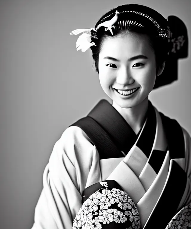 Image similar to a modern black and white film photograph shot on kodak 4 0 0 tx, portrait of one!! very beautiful and young japanese woman subtly smiling, she is wearing a traditional kimono with a very ornate pattern of cranes, her hair is tied above her head, the scene is shot on a canon 8 5 mm f / 1. 4 in a studio setting with dramatic and cinematic lighting