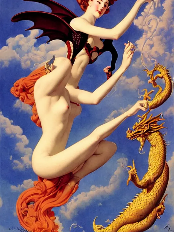 Image similar to Dragon goddess takes flight, a beautiful art nouveau portrait by Gil elvgren and Gerald brom, centered composition, defined features, golden ratio