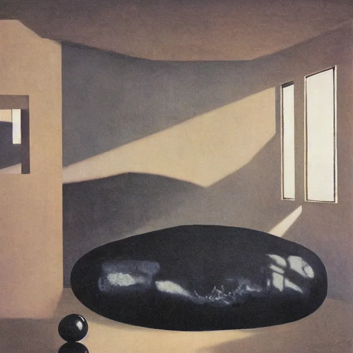 Image similar to the giant boulder, dark obsidian rock of ages filling up the interior of a mid - century modern home. painting by hammershoi, karel thole, bonnard, bekinski