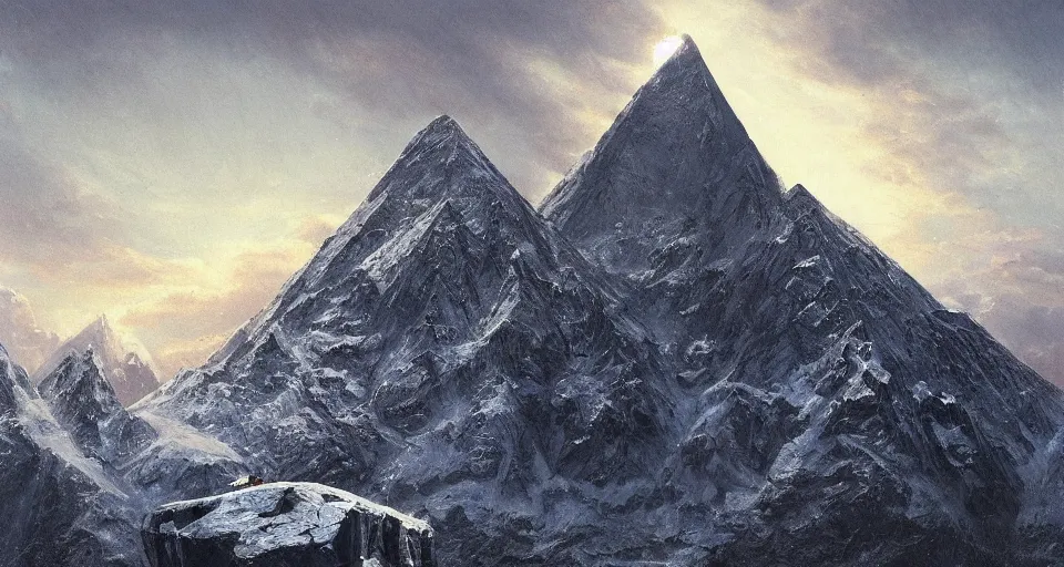 Image similar to snowy mountain, by eugene von guerard, ivan shishkin, black lovecraftian obsidian pyramid!! on a snowy mountaintop, night, red lightning!!, dramatic lighting, concept art, trending on artstation, 8 k