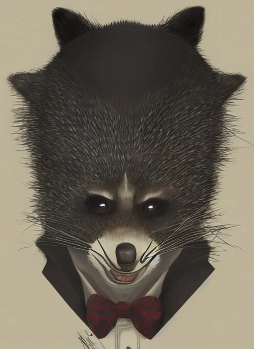 Image similar to a dramatic illustration portrait of an anthropomorphic raccoon mob boss, by victo ngai, by stephen gammell, by george ault, in the style of animal crossing, artstation