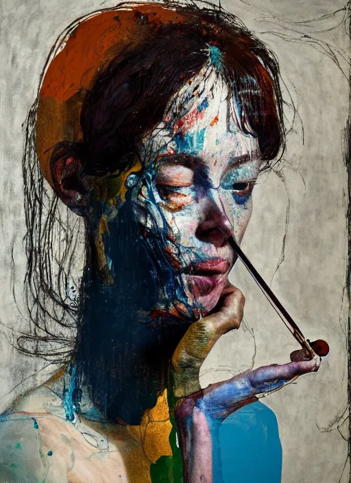 Prompt: violinist thinking of her performance by vincent lefevre and hernan bas and pat steir and hilma af klint, psychological, photorealistic, symmetrical face, dripping paint, washy brush, threads, rendered in octane, altermodern, masterpiece