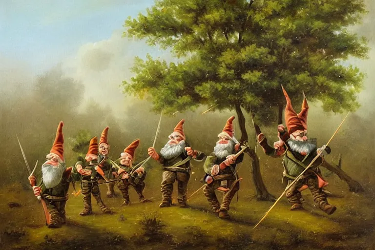 Prompt: an army of gnomes sending an arrow volley at a tree. canvis oil painting