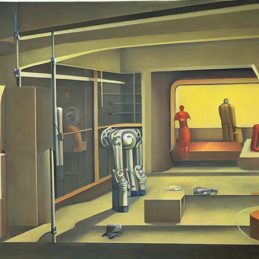Prompt: cutaway section of a giant robot revealing people living inside, brutalist, dystopian, pj crook, edward hopper, oil on canvas