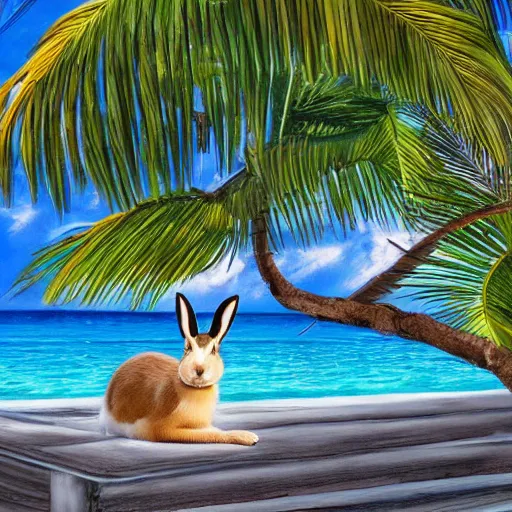 Image similar to bad bunny relaxing in aruba, hyper realistic, highly detailed, award winning photo