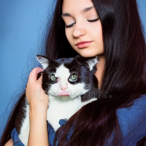 Image similar to a girl with long dark hair holding a cat in her arms, a stock photo by juan villafuerte, pexels contest winner, high quality photo, rtx, hd, shiny eyes, rasquache, a renaissance painting by sailor moon, anime, anime aesthetic