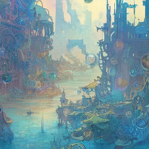 Prompt: a beautiful stunning fantasy whimsical matte digital storybook watercolor painting a cityscape of the underwater city of Atlantis, art nouveau, bubbles splash shells fish details, pastel color palette, by Alphonse Mucha and Tyler Edlin, trending on artstation hq