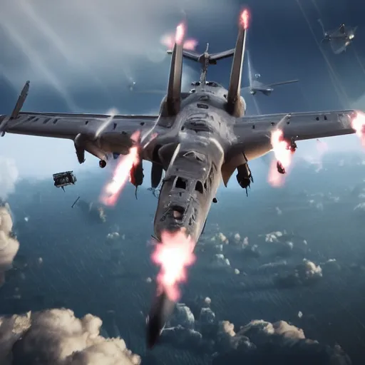 Prompt: an epic dogfight between a p 3 8 lightning, full color, 8 k cinematic photography, explosions in the background, parachutes, ultra realistic digital art, unreal engine, style of keith