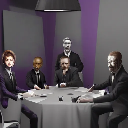 Image similar to HD render of shadow figures in suits sitting around a table in an occultic lair scheming and plotting, Ultra realistic digital art painting trending on artstation, photo realistic, black and purple colour scheme