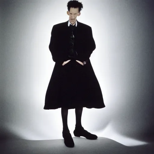 Image similar to chris morris wearing androgynous clothes by comme des garcons, portrait, 3 5 mm film, by david bailey, mariko mori, davide sorrenti