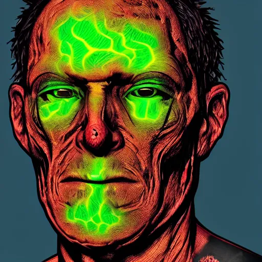 Prompt: portrait of nukeface, his face melting with radioactivity, nuclear glow, dark night in the swamps, hyper realistic, artstation