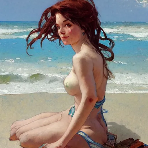 Prompt: female character at the beach. Renowned character illustration by greg rutkowski, thomas kindkade, alphonse mucha, loish, norman rockwell. Trending on artstation.