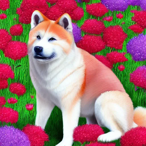 Prompt: a red akita inu wearing a kimono, in a field of flowers, highly detailed 4k digital painting