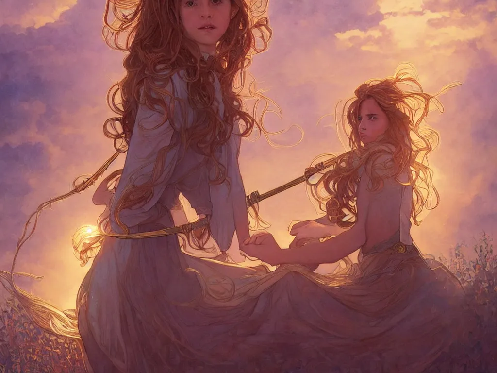 Prompt: hermione granger with hogwarts as background at sunset, highly detailed, gold filigree, romantic storybook fantasy, soft cinematic lighting, award, disney concept art watercolor illustration by mandy jurgens and alphonse mucha and alena aenami, pastel color palette, featured on artstation