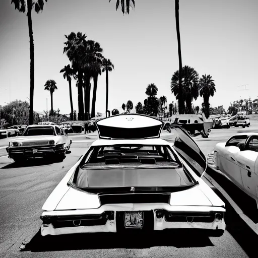 Image similar to Photo of skeletons doing a drive by in Los Angeles with uzis in a lowrider car