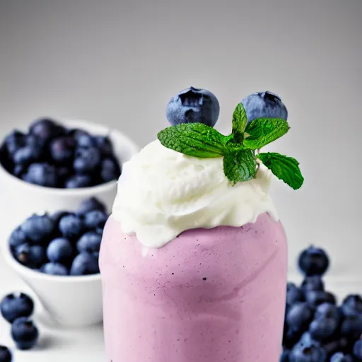 Prompt: one delicious looking blueberry milkshake, blueberries on the side, whipped cream on top, milkshake glass, 8 k resolution, professional food photography, studio lighting, sharp focus, center frame, hyper - detailed