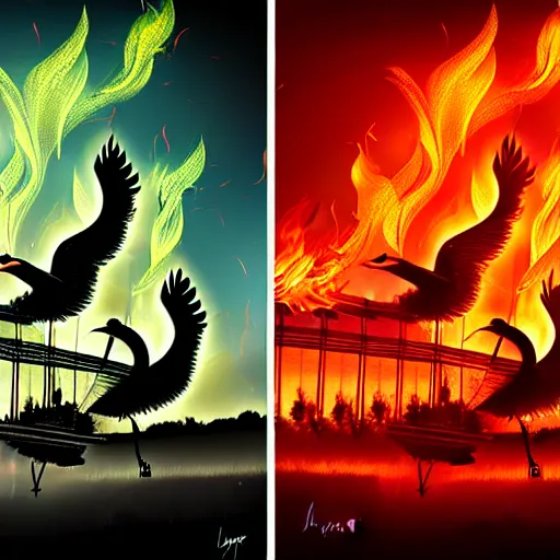 Image similar to in the lower part of the picture is the harp burning in the fire, above are cranes flying in flames, digital painting, concept art