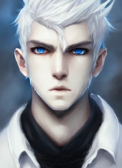 Image similar to highly detailed portrait art of half skull face boy white hair, black and blue eyes, ross tran, krenz cushart, white shirt, vd, intricate, digital anime art, sharp focus