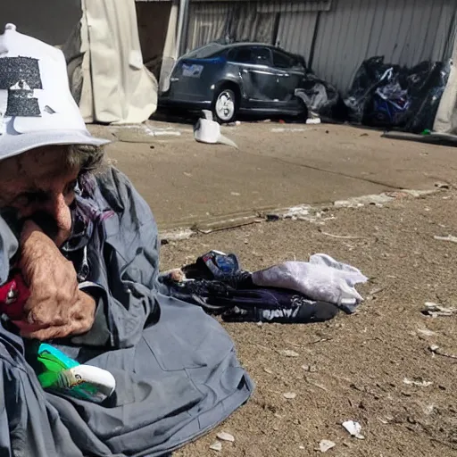 Image similar to homeless trump in a homeless camp, wearing cheap dirty clothes and maga hat, dirty