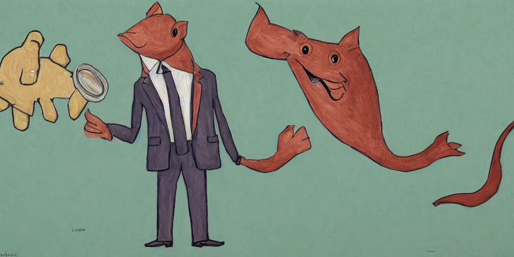 Prompt: an anthropomorphic catfish wearing a suit giving a thumbs up, by lisa hanawalt, by wanda gag