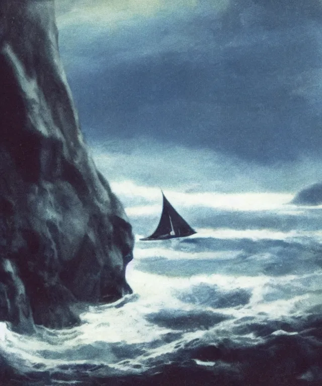 Image similar to photorealistic blue - toned photo of a 1 9 2 5 bay boat sailing near a jamaican cliff with the mouth of a sea cave at the waterline, dark, brooding, atmospheric, lovecraft, horror, smooth, epic, highly detailed, cinematic