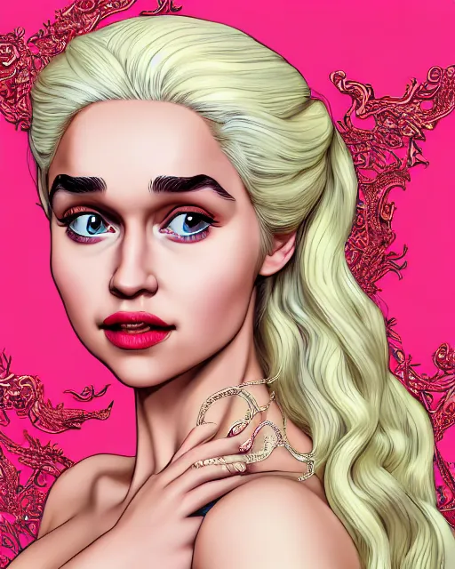 Image similar to closeup portrait happy beautiful daenerys targaryen with long blonde windblown hair in an ornate royal dress, standing on a street in chinatown, pink lipstick, glamour pose, detailed illustration, digital art, trending on artstation, arney freytag, frank miller, moebius, graffiti, gta v,