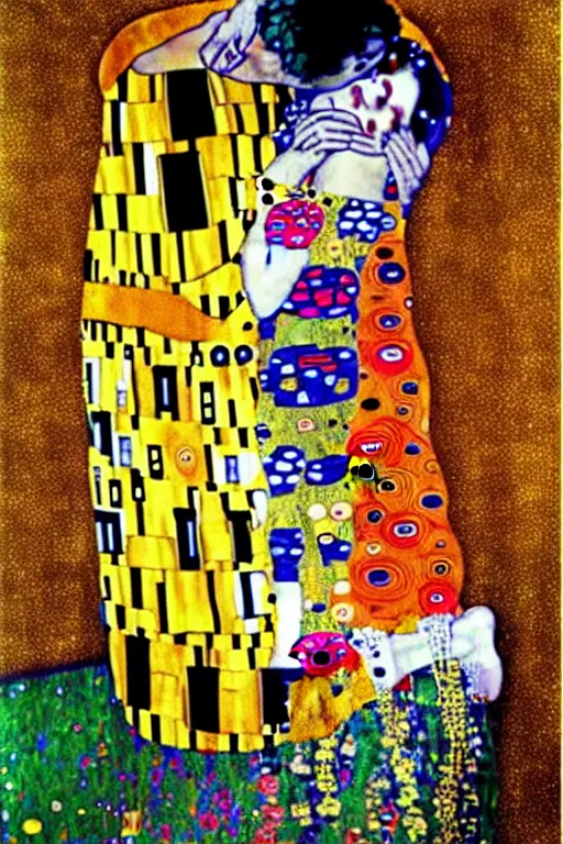 Image similar to gustav klimt the kiss with kissed Nicolas Cage