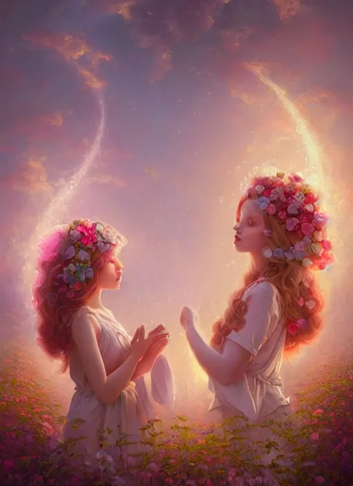 Prompt: a romantic scene of two young angel girls in love with beautiful long flower hair, flowers, 3 d render, hyper realistic, pink golden glow, digital painting, fantasy art, beeple, peter mohrbacher, thomas kinkade