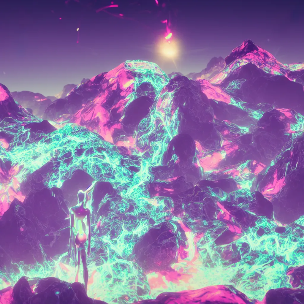 Image similar to manikin made of marble, fractal neon explosion revealing a portal to a vaporwave paracosm, mountains and city in background, rule of thirds, clean linework, dramatic, moody, introspective, cinematic, award winning, 4 k, trending on artstation, photorealistic, volumetric lighting, octane render