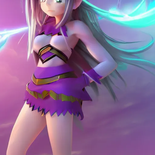 Prompt: Render of a very beautiful 3d anime girl, elf girl, full body, long silver hair purple tips, azure blue eyes, full round face, low poly backgrouns with vibrant colors, short smile, medium shot, mid-shot, cinematic lightning, high detail, artstation