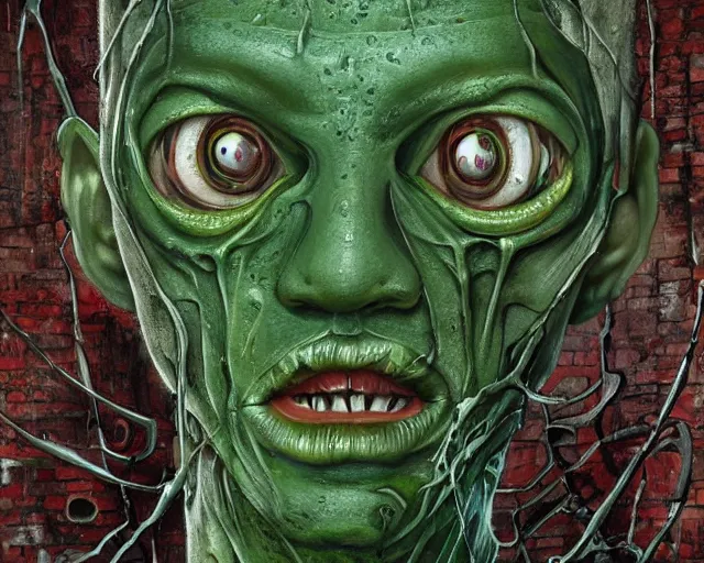 Prompt: Haunting horrifying hyperrealistic detailed painting of a tall slim spider extraterrestrial creature made of concrete stone brick, gelatinous green goop, heavy metal, disgusting, creepy, unsettling, and bloodshot eyeballs, hyper detailed, trending on Artstation