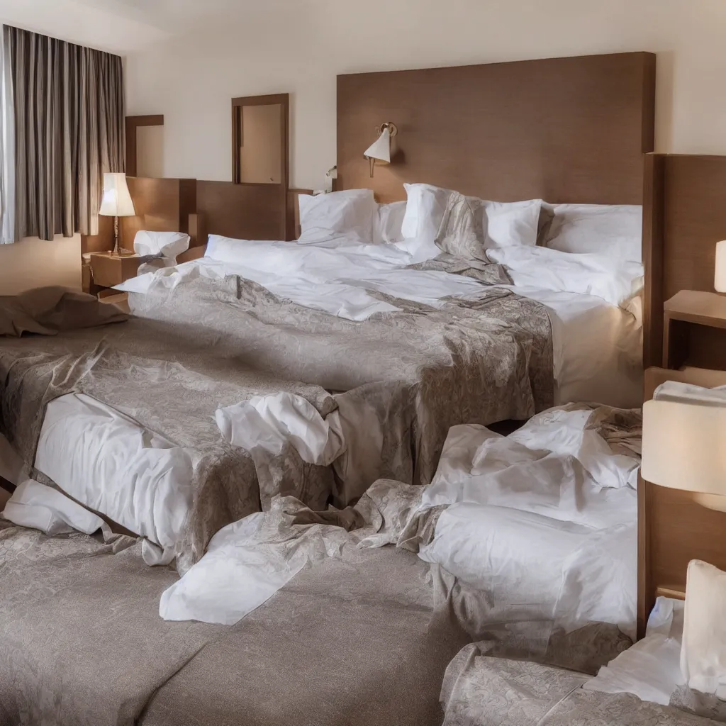 Image similar to an empty hotel bedroom with dull brown bedsheets and boring decorations