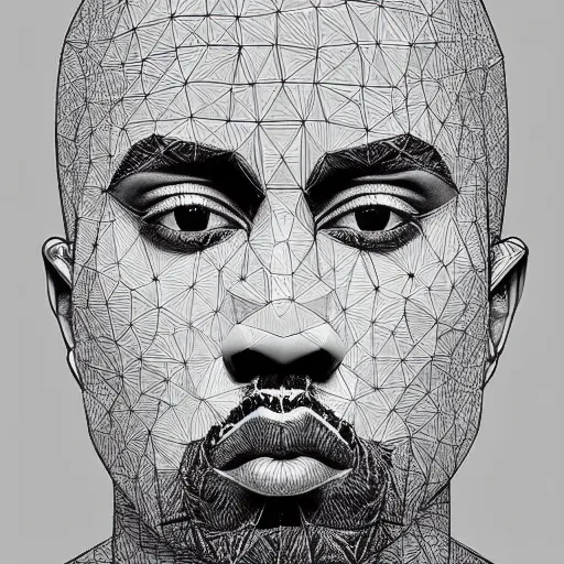 Image similar to Geometrically surreal Kanye West, extremely high detail, photorealistic, intricate line drawings, dotart, album art in the style of James Jean