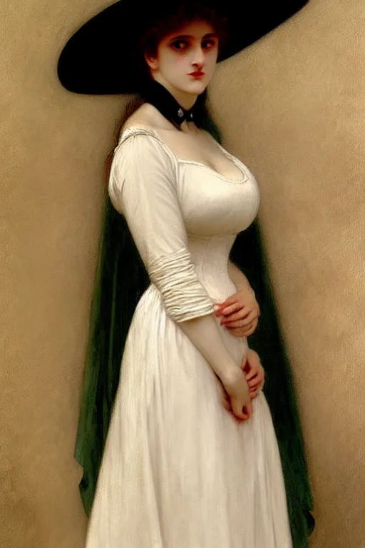 Image similar to victorian vampire in a big hat, white dress, painting by rossetti bouguereau, detailed art, artstation