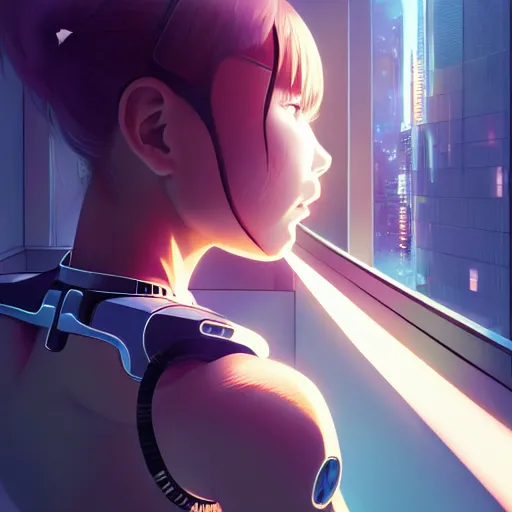 Image similar to beautiful cyborg - girl punching through a large reflective shattering window, window reflections, reflective, mirror reflection, refractions on lens, full round face, biomechanical details, cyberpunk anime art, full body shot, lens flare, wlop, ilya kuvshinov, artgerm, krenz cushart, greg rutkowski