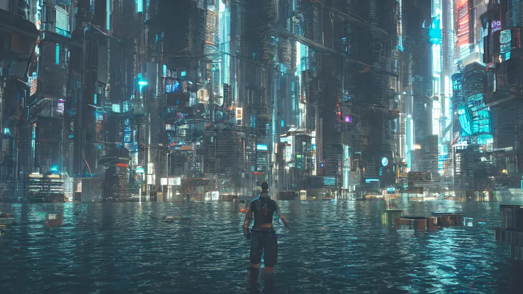 Image similar to cyberpunk city built underwater, made in blender, octane render, cinematic, volumetric lighting, flooded, futuristic,, hyperrealistic, highly detailed, 4 k hd