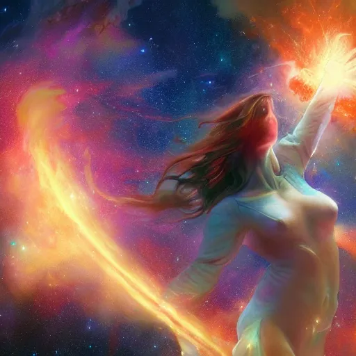 Prompt: angel emerging from a giant nebula explosion in space, vivid colors, cinematic lighting, godrays, galaxies and stars, universe, award winning, unreal, 8 k, octane render, ultra detailed, art by artgerm and greg rutkowski and alphonse mucha, artstation, cgsociety, fenghua zhong, hyper realism