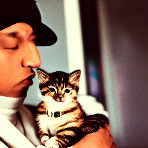 Prompt: 1 5 mm wide - angle lens photo of a rapper in 1 9 9 0 newyork holding a kitten up to the camera, photorealistic