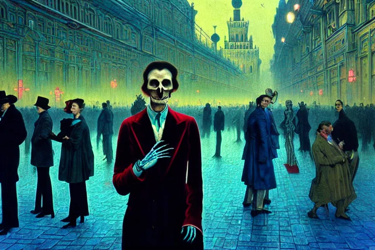 Image similar to realistic detailed photorealistic film portrait shot of a single skeleton wearing crimson velvet blazer in a crowded futuristic moscow street by Denis Villeneuve, Amano, Yves Tanguy, Alphonse Mucha, Ernst Haeckel, Andrei Tarkovsky, Edward Robert Hughes, Roger Dean, rich moody colours, wide angle, blue eyes