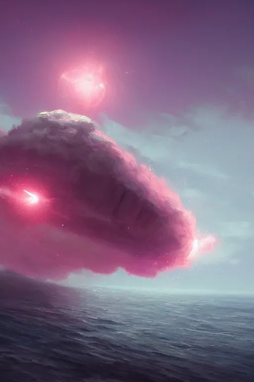 Prompt: a pink and gray meteor over the ocean, digital art, in the style of greg rutkowski, trending on artstation