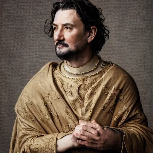 Image similar to richard iv the roman king, excited real human wearing cashmere shirt, soft studio lighting, sigma lens photo, he is looking directly into camera holding something soft