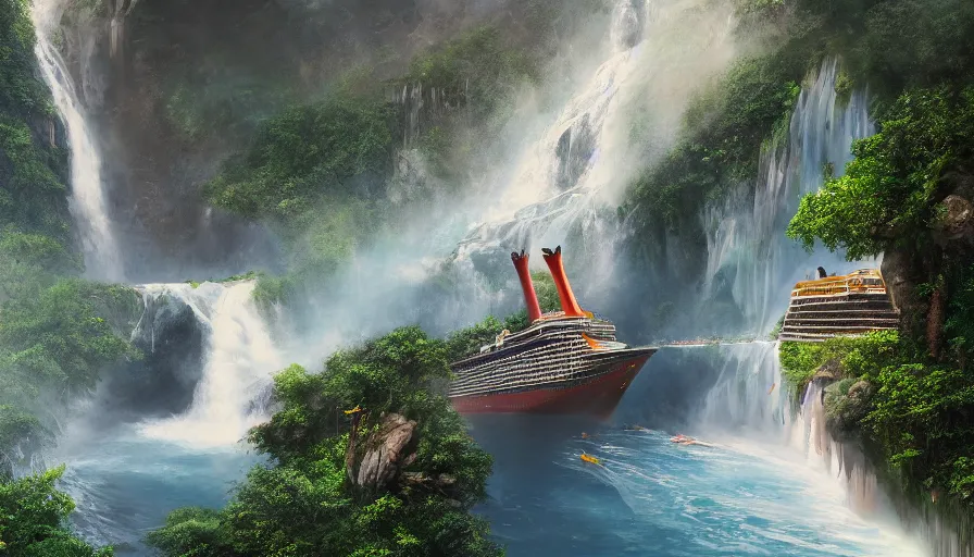 Image similar to Movie scene of a cruise ship falling from a waterfall, hyperdetailed, artstation, cgsociety, 8k