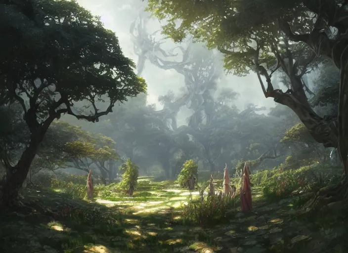 Image similar to Lush winery outside a beautiful elven city made of white marble, anime, lush trees, a fantasy digital painting by Greg Rutkowski and James Gurney, trending on Artstation, highly detailed