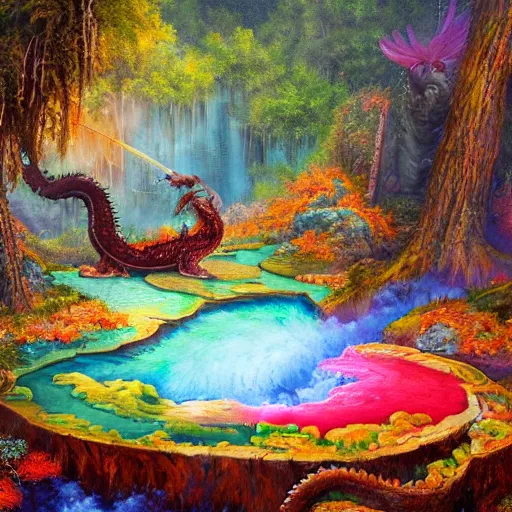 Prompt: highly detailed oil painting of a colorful hotspring with forest backdrop, focus is on a dragon, featured on artstation