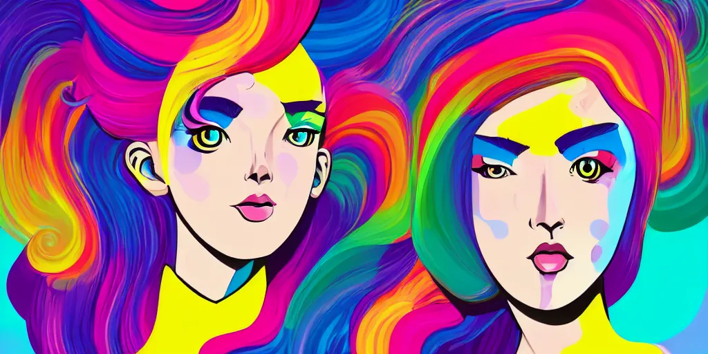 Image similar to a digital painting of a woman with colorful hair, a pop art painting by tomokazu matsuyama, behance contest winner, psychedelic art, psychedelic, 2 d, digital illustration, trending on artstation, anime stylized, accurate fictional proportions, high delicate defined details, ethereal lighting