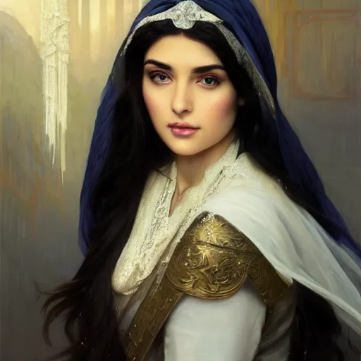 Image similar to portrait of ameera al taweel, bright blue eyes, long wavy black hair, white veil, front , highly detailed, digital painting, artstation, concept art, smooth, sharp focus, illustration, ArtStation, art by artgerm and greg rutkowski and alphonse mucha and J. C. Leyendecker and Edmund Blair Leighton