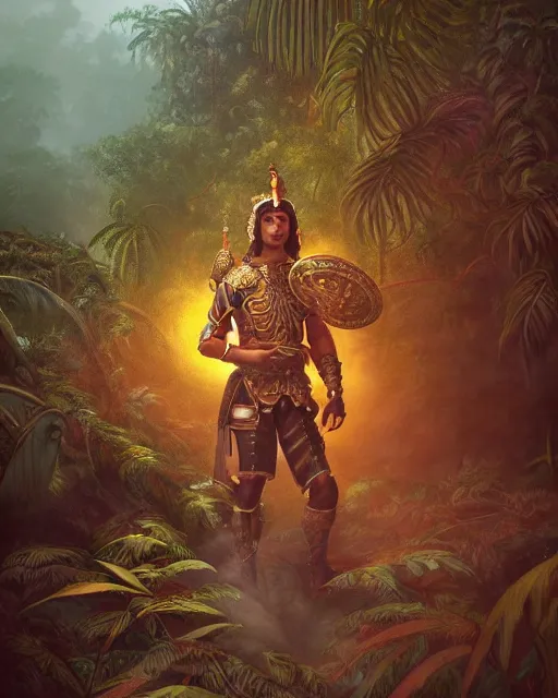 Prompt: ultra realistic illustration of a spanish conquistador wearing ornate armor in a dense foggy jungle environment by artgerm and miyazaki, octane, studio ghibli color scheme, intricate, portrait, anatomy, artstation, cinematic lighting, sharp focus