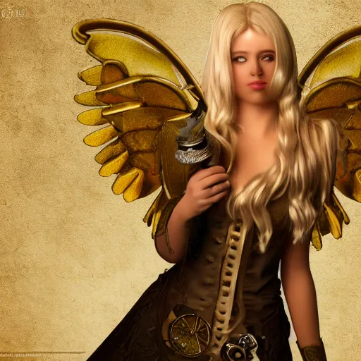 Image similar to pretty blond steampunk angel, 8 k, shallow depth of field, 8 k, ultra high detail, concept art,