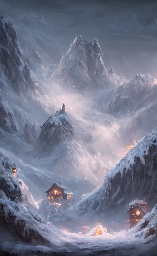 Image similar to dark fantasy concept art of a snow mountain with a small village on it at night, dynamic lighting, ambient lighting, atmospherical, stunning visuals, creative, cinematic, ultra detailed trending on art station, 8k quality, lonely vibe